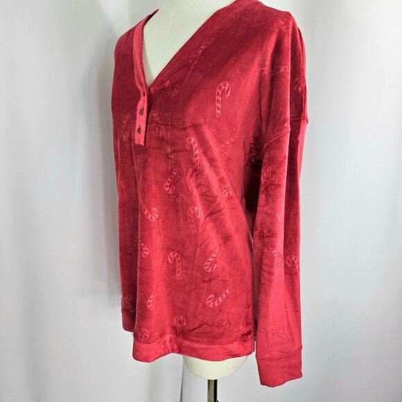 Jaclyn Intimates Plush Red Candy Cane Embossed Henley Pajama Top Size S NWT - Picture 4 of 13